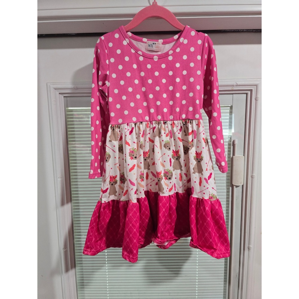 Pete + Lucy Girls Pink Polka Dot Woodland Animal Ruffle Dress Size 3T